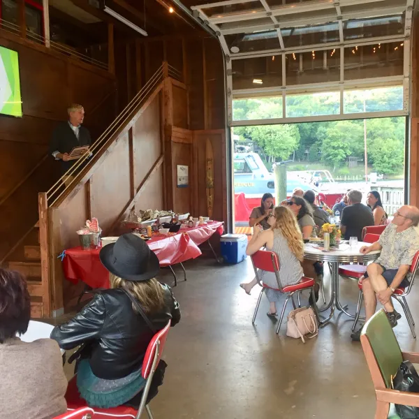 a group of people standing in a room